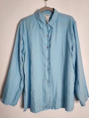 Jones New York XL Light Blue 100% Linen Button Down Blouse Long Sleeve